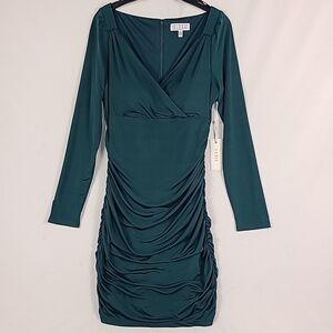 Siena Women's Long Sleeve Rouche Side Bodycon Dress In Dark Green Sz 8 Bust Pads